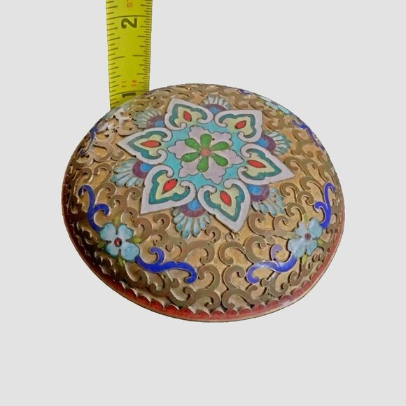 Vintage Cloisonné Round Trinket Box With Floral Enamel Design - Picture 6 of 6